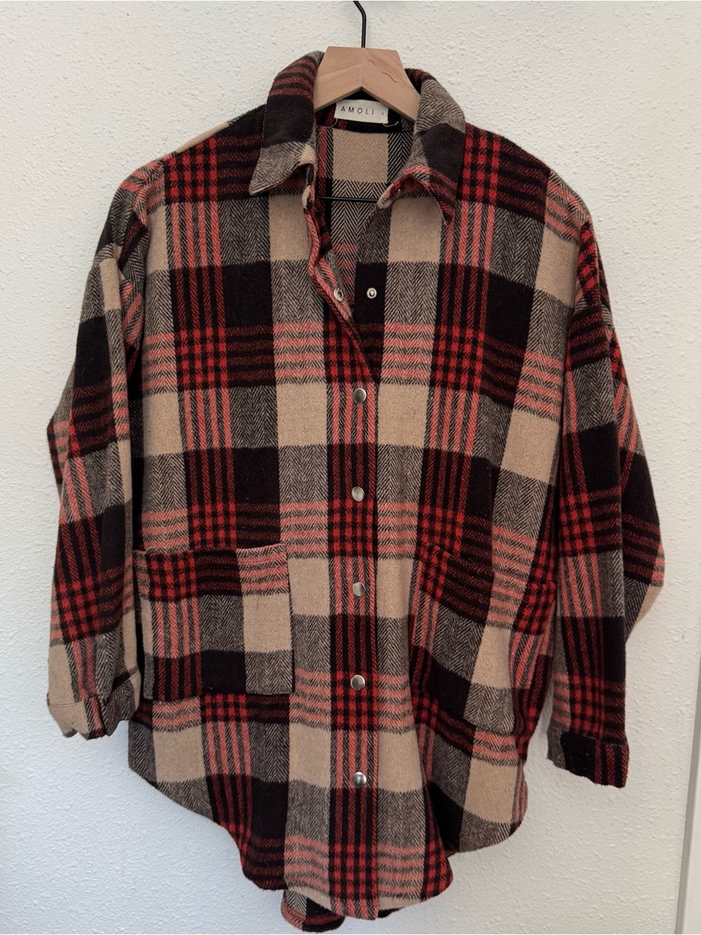 AMOLI Red, Tan & Black Plaid Button-Front Flannel Shirt Jacket